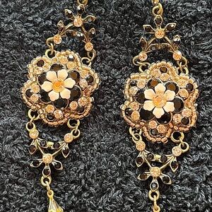 Michal Negrin Gold and Black Floral Earrings Swarovski crystals